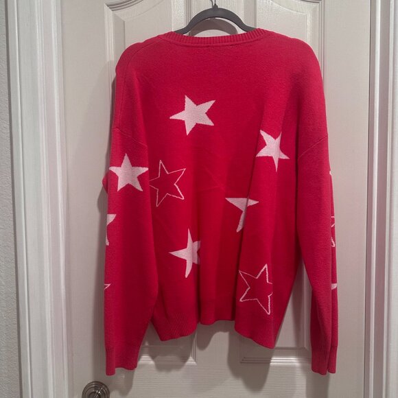 Calligraphie Women's Fuchsia Pink V-Neck Sweater with White Stars XL - Picture 3 of 4